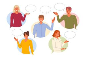 People are happy to communicate and share information while standing under conversation clouds vector