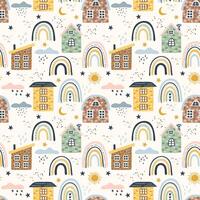 Rainbows, houses. Seamless pattern, illustration. Children's pattern vector