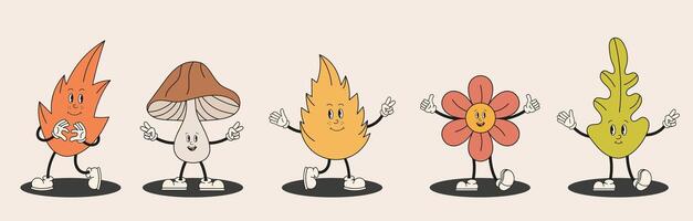 Collection of autumn playful cartoon characters in retro groovy style. Joyful leaf, oak leaf, cheerful pumpkin, funny mushroom, happy flower. Cute autumn harvest retro mascot set. Hello autumn. vector