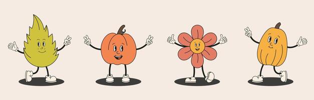 Collection of autumn playful cartoon characters in retro groovy style. Joyful leaf, cheerful pumpkin, happy flower, gourd. Cute autumn harvest retro mascot set. Hello autumn characters. vector