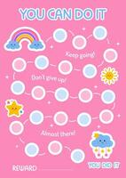 Printable rainbow reward chart for little girl princess. Sticker behavior chart, chore chart for kids. Toddler routine chart. Potty training. Toddler routine. vector
