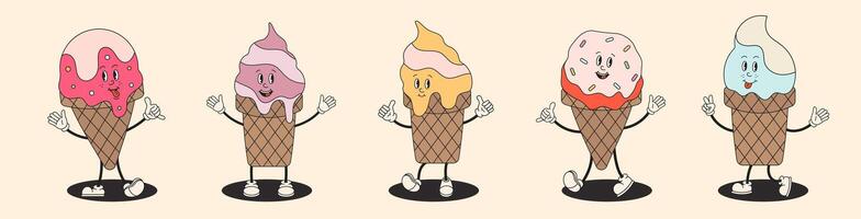 Ice cream sweet characters collection in retro groovy style. Ice cream in cones, popsicle with toppings. Cute set of funny Hippy Ice cream mascots. For poster, flyer, party invitation, banner. vector