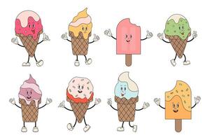 Ice cream sweet characters collection in retro groovy style. Ice cream in cones, popsicle with cute faces in various poses. Cute set of funny Hippy ice cream mascots personage. Summer delicacy, gelato vector