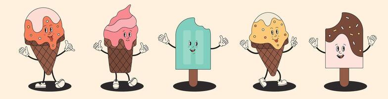Ice cream sweet characters collection in retro groovy style. Ice cream in cones, popsicle with toppings. Cute set of funny Hippy Ice cream personage. Cheerful summer delicacy, tasty colorful gelatos. vector