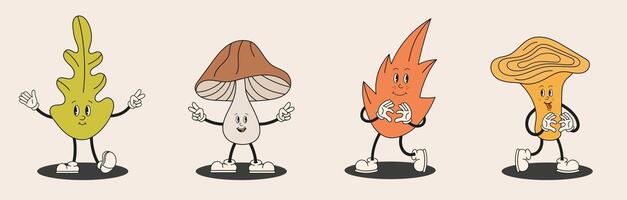 Autumn collection of happy cartoon characters, leaf, oak, mushroom, chanterelle. Cute autumn mascot in retro groovy style. Hello autumn banner, harvest time. vector
