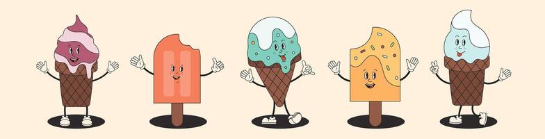 Cute cartoon retro ice cream in cones, popsicle with funny face. Groovy ice cream in waffle cone. For poster, flyer, party invitation, banner. Funny groovy Mascot personage. Summer dessert collection. vector