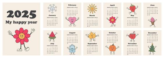 Calendar 2025 template in retro groovy style. Monthly calendar 2025. Starts Sunday. My happy year. Modern calendar for office, organizer, working place, wall, table. Vertical A4 Design Template. vector