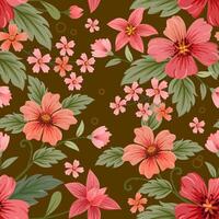 Red flowers with green leaf on brown color background seamless pattern. vector