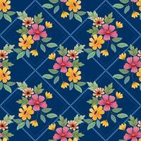 Beautiful blooming flowers design on blue color background seamless pattern. vector
