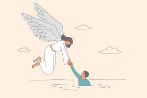 Guardian angel with wings saves drowning man, is in trouble and in need of god salvation vector