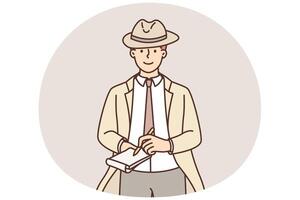 Male detective make notes in notebook vector