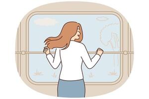 Smiling woman enjoy nature view from train window vector