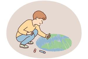 Smiling boy child draw planet on ground vector
