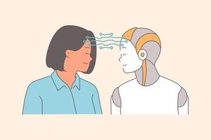 Telepathic communication between robot and woman exchanging information over air, thanks to tech vector