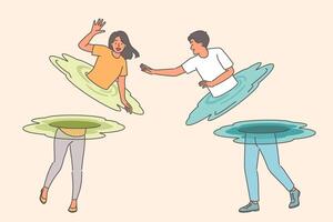 Man and woman teleport to move in space, and instantly appear at new destination vector