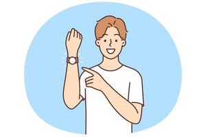 Smiling man point at wristwatch vector