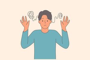 Man with obsessive compulsive disorder feels confused and raises hands in need of ocd treatment vector