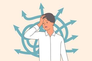 Business man is confused and suffers from confusing thoughts due to difficulty of choosing strategy vector