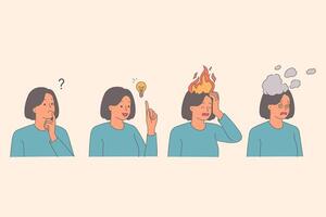 Woman gets burnt out after brainstorming and finding right solution for complex problem vector