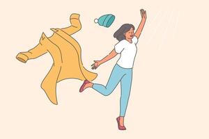 Woman takes off winter clothes and runs towards sun rays, rejoicing at onset of summer or warming vector