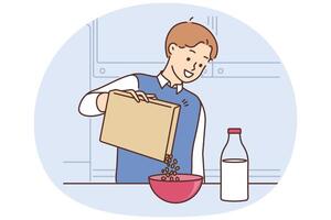 Smiling man eat cereal with milk for breakfast vector