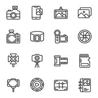 Photo Album icon set. Includes album, autofocus, camera, film, lens, memory, tripod camera, and More. Outline icons collection. vector
