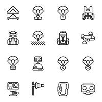 Parachuting icon set. Includes airplane, army, glasses, gliding, paraglider, and More. Outline icons collection. vector
