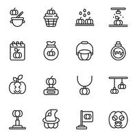 Pumpkin icon set. Includes bag, cupcake, ornament, scary, farming, candy bag, and More. Outline icons collection. vector