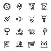Viking icon set. Includes car viking, sword, thor, scroll, flag, catapult, and More. Outline icons collection. vector