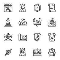 Throne icon set. Includes armor, flag, spear, sword, treasure, gateway, and More. Outline icons collection vector