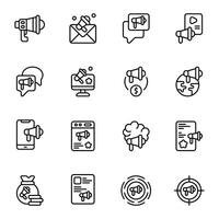 Megaphone icon set. Includes broadcast, conservation, global marketing, online marketing, money bag, target, and More. Outline icons collection. vector