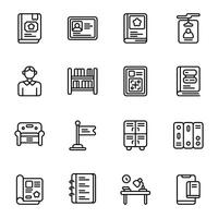 Library icon set. Includes archive, book, database, new paper, sofa, notebook, and More. Outline icons collection. vector