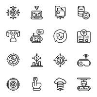 Digitalisation icon set. Includes Business, chat bot, digital book, laptop, security, vr glasses and More. Outline icons collection. vector
