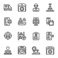 Smart Warehouse icon set. Includes cargo ship, computer, courier, data, inventory, and More. Outline icons collection. vector