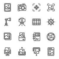 Photo icon set. Includes digital camera, photo camera, slow motion, panorama, memory card, and More. Outline icons collection. vector