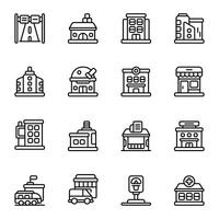 City Building icon set. Includes bus station, company, hotel, parking meter, factory, and More. Outline icons collection. vector
