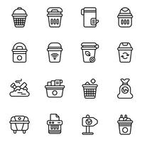 Trash can icon set. Includes bag, bottles, dustbin, kitchen trash, rubbish, smart garbage, and More. Outline icons collection. vector
