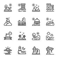 Landscape icon set. Includes bushes, cityscape, meadow, mountain, resort, and More. Outline icons collection. vector