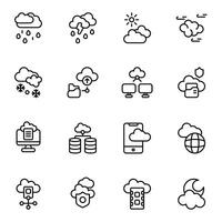 Cloud icon set. Includes backup, information, network, rainy day, night, cluster, and More. Outline icons collection. vector