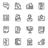 Contact icon set. Includes chat, contract, feedback, profile, thumbs up, mailbox, post, and More. Outline icons collection. vector