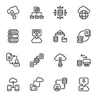 Data Exchange icon set. Includes cloud data, connection, data transfer, information, server, storage, transfer file, and More. Outline icons collection vector