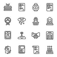 Funeral icon set. Includes book, bury, cremation, coffin, gravestone, obituary, and More. Outline icons collection. vector