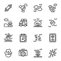 Kite icon set. Includes camera, cloud, hat, nature, playing, sky, summer, strong wind, and More. Outline icons collection. vector