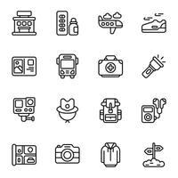 Travel Backpacker icon set. Includes airplane, flashlight, gopro, map, road sign, raincoat, and More. Outline icons collection. vector