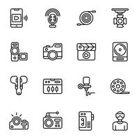 Audio Visual icon set. Includes broadcast, cable, equaliser, movie, radio, recorder, and More. Outline icons collection. vector