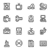 Vintage icon set. Includes boom box, camera, computer, gamepad, and More. Outline icons collection. vector
