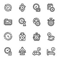Time And Clock icon set. Includes alarm clock, calendar, bedtime, padlock, hourglass, work time, and More. Outline icons collection. vector