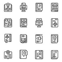 Guide Book icon set. Includes best seller, creative, history book, music, math book, and More. Outline icons collection. vector