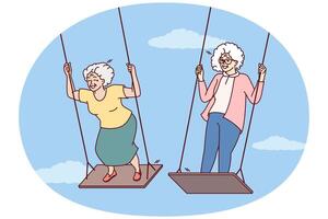 Two elderly women enjoy swinging and enjoying happy old age and not having to go to work vector