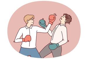 Determined business man in boxing gloves strikes opponent in face, symbolizing fierce competition vector